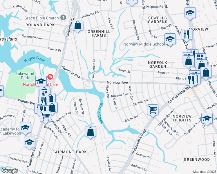 map of restaurants, bars, coffee shops, grocery stores, and more near 3884 Wake Circle in Norfolk