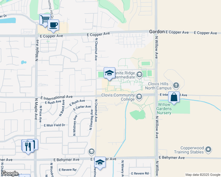 map of restaurants, bars, coffee shops, grocery stores, and more near 2770 East International Avenue in Fresno