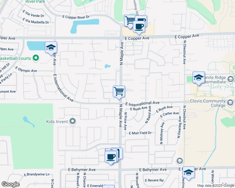 map of restaurants, bars, coffee shops, grocery stores, and more near 1881 East Oakmont Avenue in Fresno