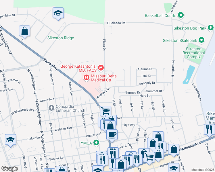 map of restaurants, bars, coffee shops, grocery stores, and more near 226 Plaza Drive in Sikeston