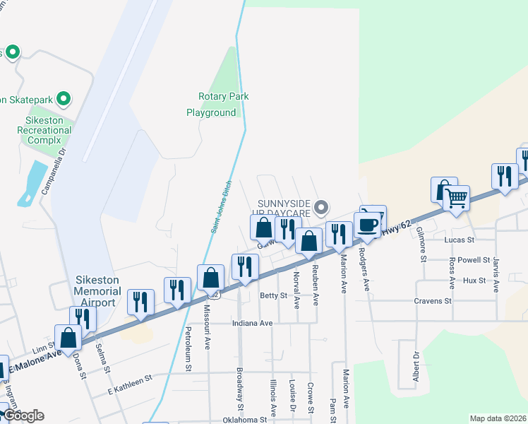 map of restaurants, bars, coffee shops, grocery stores, and more near 219 Dockins Drive in Sikeston