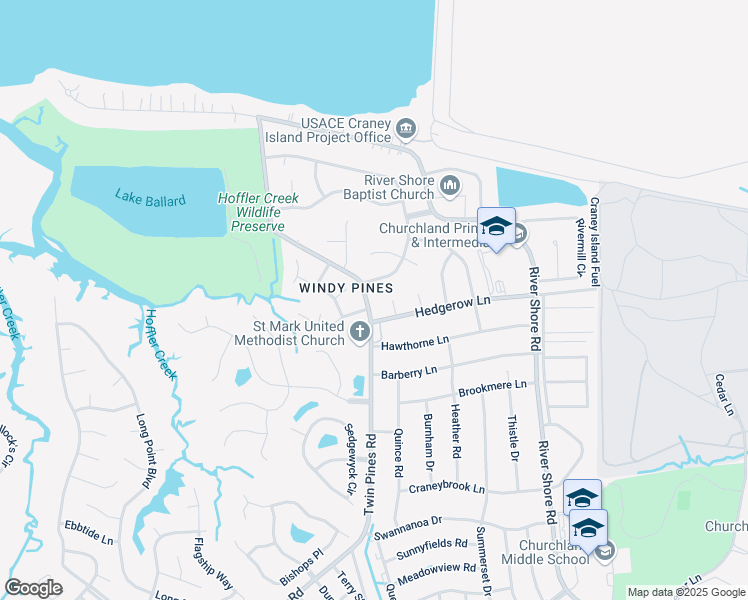 map of restaurants, bars, coffee shops, grocery stores, and more near 4405 Twin Pines Road in Portsmouth