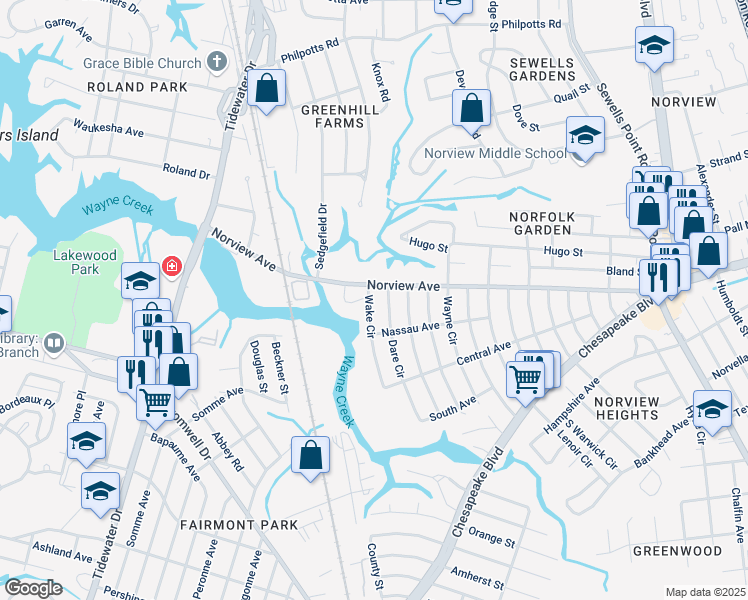 map of restaurants, bars, coffee shops, grocery stores, and more near 3884 Wake Circle in Norfolk