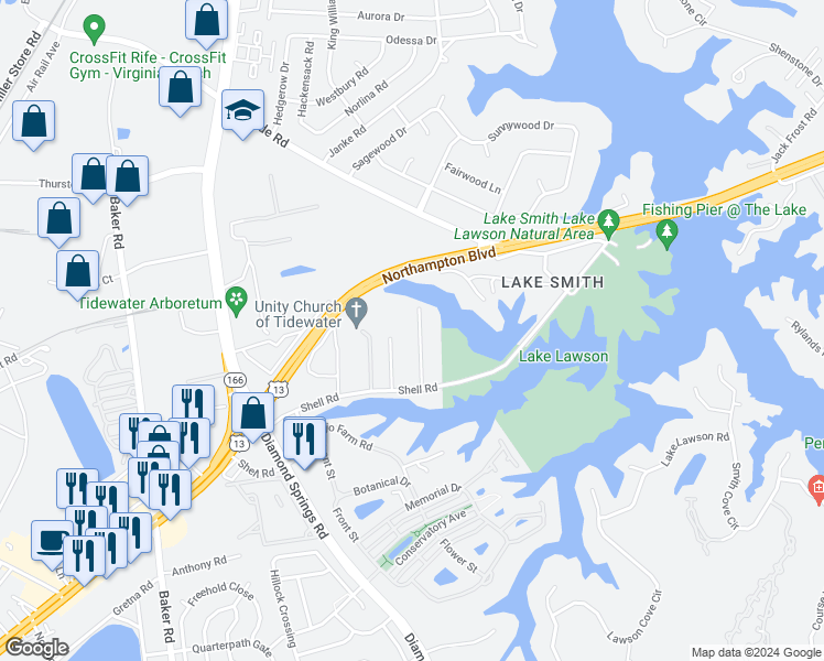 map of restaurants, bars, coffee shops, grocery stores, and more near 1345 Downs Lane in Virginia Beach