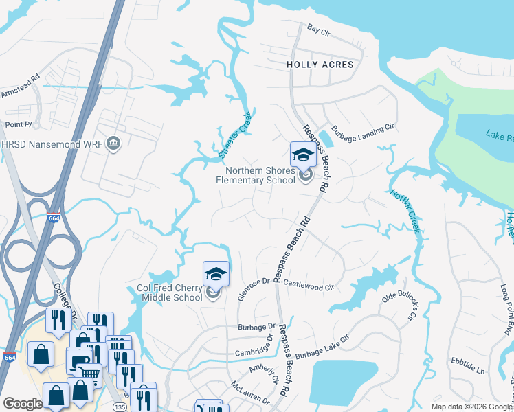 map of restaurants, bars, coffee shops, grocery stores, and more near 6218 Burbage Acres Dr in Suffolk