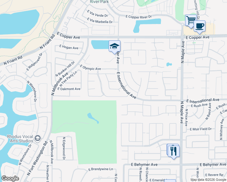 map of restaurants, bars, coffee shops, grocery stores, and more near 1375 East Glenlake Lane in Fresno