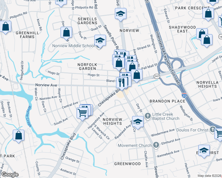 map of restaurants, bars, coffee shops, grocery stores, and more near 1127 Norview Avenue in Norfolk