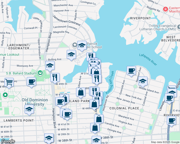 map of restaurants, bars, coffee shops, grocery stores, and more near 816 West 51st Street in Norfolk