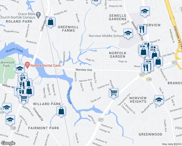 map of restaurants, bars, coffee shops, grocery stores, and more near 3872 Giles Circle in Norfolk