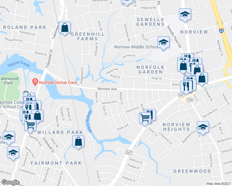 map of restaurants, bars, coffee shops, grocery stores, and more near 3861 Wayne Circle in Norfolk