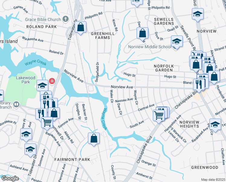 map of restaurants, bars, coffee shops, grocery stores, and more near 3884 Wake Circle in Norfolk