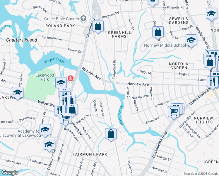 map of restaurants, bars, coffee shops, grocery stores, and more near 851 Norview Avenue in Norfolk