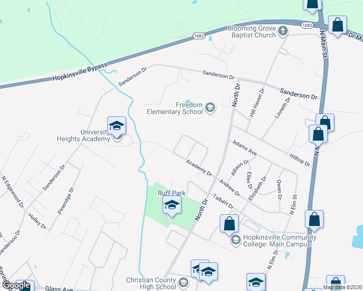 map of restaurants, bars, coffee shops, grocery stores, and more near 1230 Emerson Circle in Hopkinsville