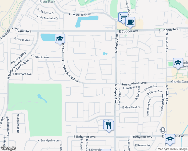 map of restaurants, bars, coffee shops, grocery stores, and more near 1713 East Shadow Glen Drive in Fresno