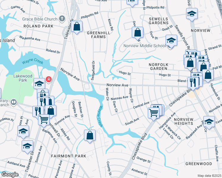 map of restaurants, bars, coffee shops, grocery stores, and more near 3885 Dare Circle in Norfolk