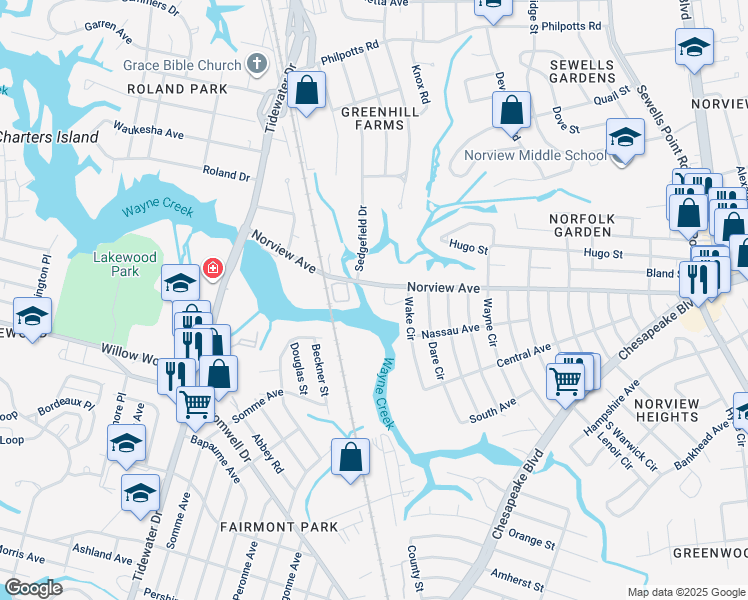 map of restaurants, bars, coffee shops, grocery stores, and more near 881 Norview Avenue in Norfolk