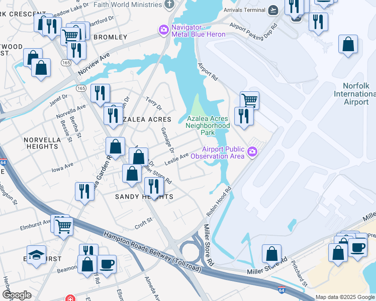 map of restaurants, bars, coffee shops, grocery stores, and more near 5816 Leslie Avenue in Norfolk