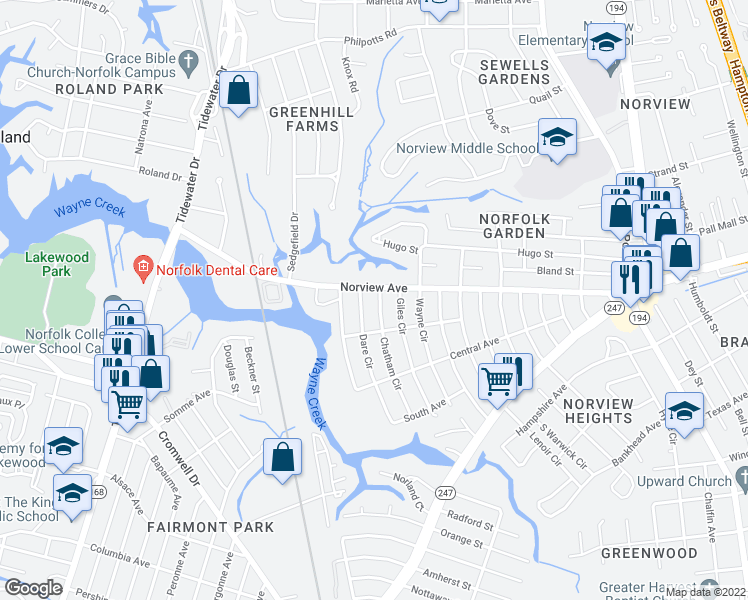 map of restaurants, bars, coffee shops, grocery stores, and more near 3875 Chatham Circle in Norfolk