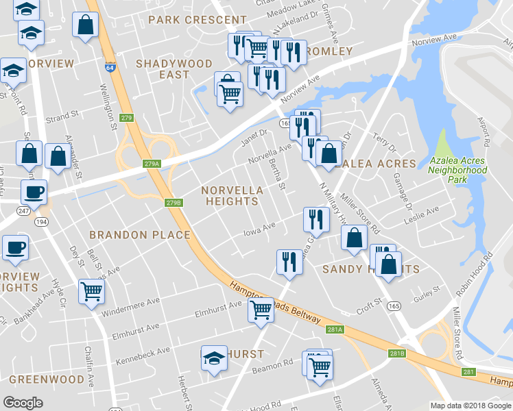 map of restaurants, bars, coffee shops, grocery stores, and more near 3485 Thurston Street in Norfolk