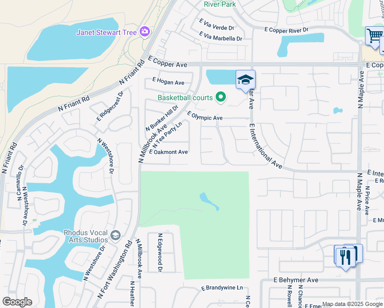 map of restaurants, bars, coffee shops, grocery stores, and more near 10562 North Spanish Bay Drive in Fresno