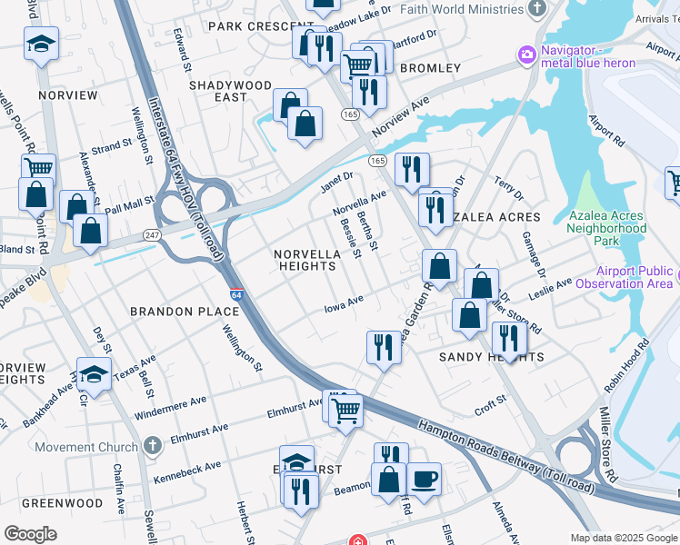 map of restaurants, bars, coffee shops, grocery stores, and more near 3485 Thurston Street in Norfolk