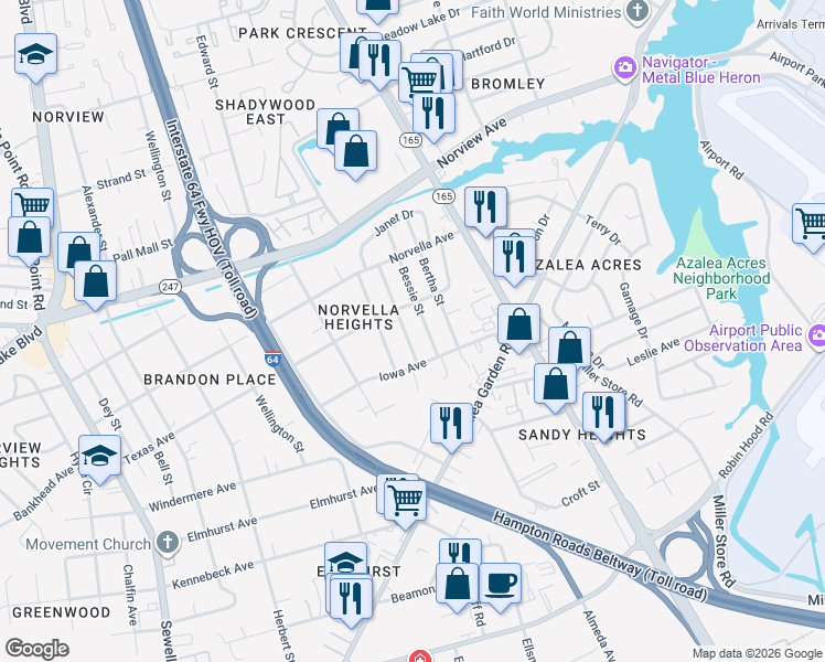 map of restaurants, bars, coffee shops, grocery stores, and more near 3476 Thurston Street in Norfolk
