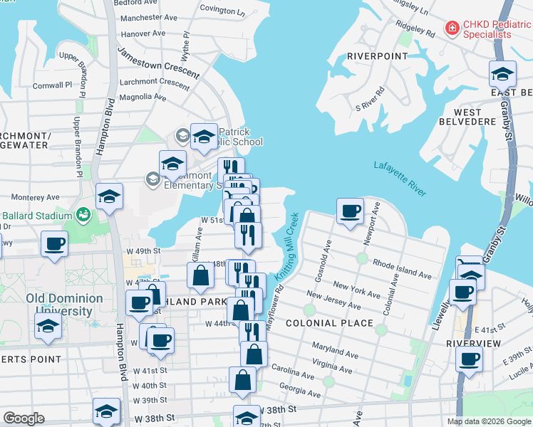 map of restaurants, bars, coffee shops, grocery stores, and more near 760 West 51st Street in Norfolk