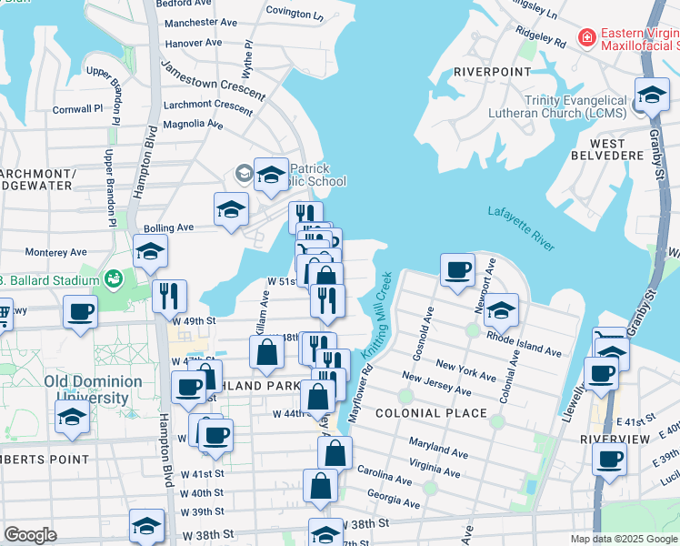 map of restaurants, bars, coffee shops, grocery stores, and more near 790 West 51st Street in Norfolk
