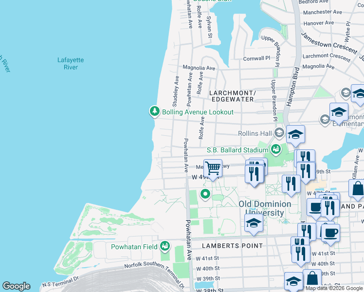 map of restaurants, bars, coffee shops, grocery stores, and more near 1548 Cedar Lane in Norfolk