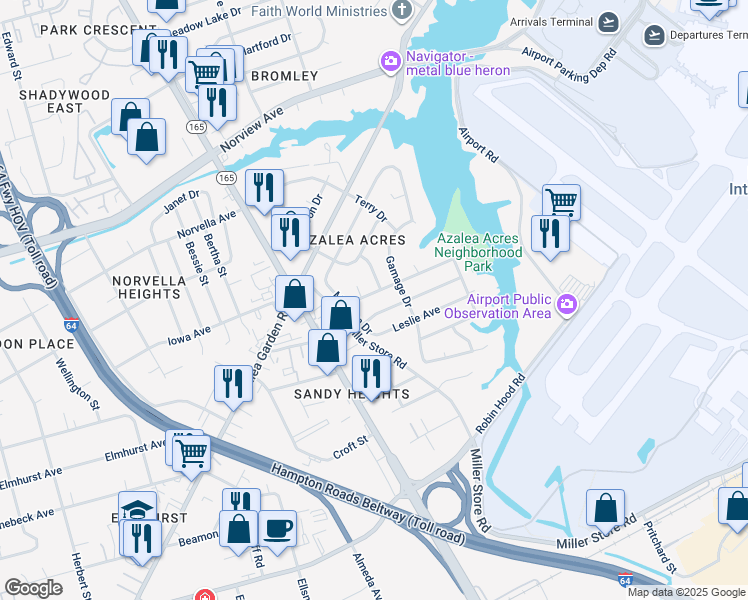 map of restaurants, bars, coffee shops, grocery stores, and more near 5749 Townley Avenue in Norfolk