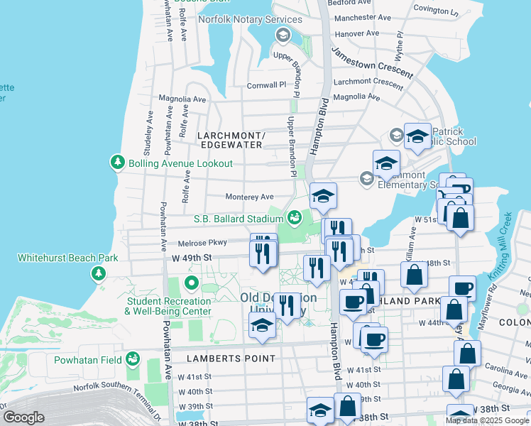 map of restaurants, bars, coffee shops, grocery stores, and more near 890 Cedar Lane in Norfolk