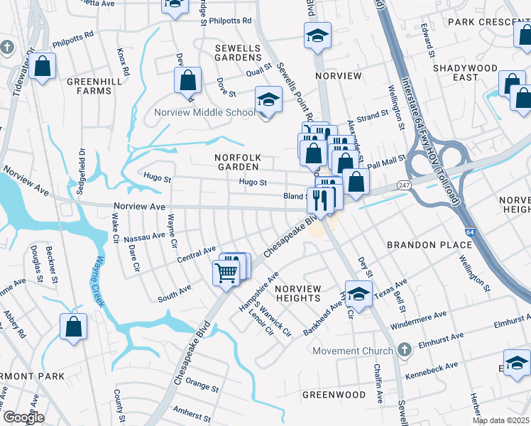 map of restaurants, bars, coffee shops, grocery stores, and more near 1075 Norview Avenue in Norfolk