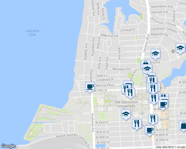 map of restaurants, bars, coffee shops, grocery stores, and more near 1548 Cedar Lane in Norfolk