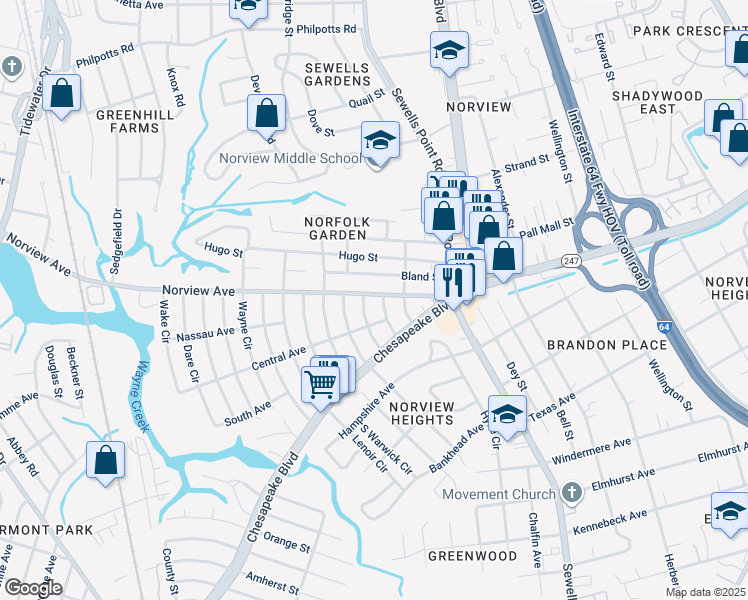 map of restaurants, bars, coffee shops, grocery stores, and more near 1075 Norview Avenue in Norfolk
