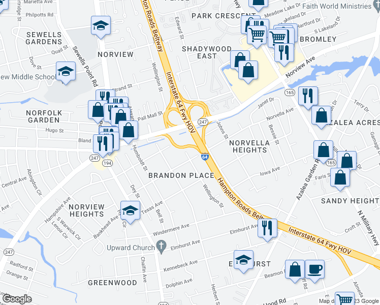 map of restaurants, bars, coffee shops, grocery stores, and more near 3612 Wellington Street in Norfolk