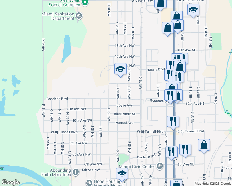 map of restaurants, bars, coffee shops, grocery stores, and more near 1229 G Street Northwest in Miami