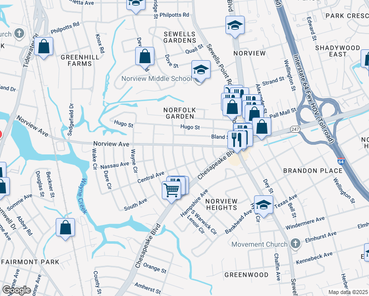 map of restaurants, bars, coffee shops, grocery stores, and more near 1053 Norview Avenue in Norfolk