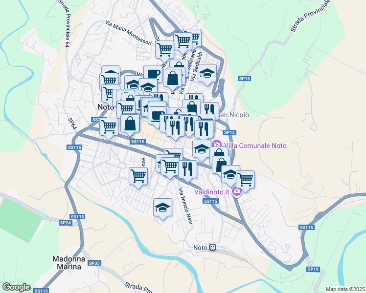 map of restaurants, bars, coffee shops, grocery stores, and more near Vico Messina in Noto