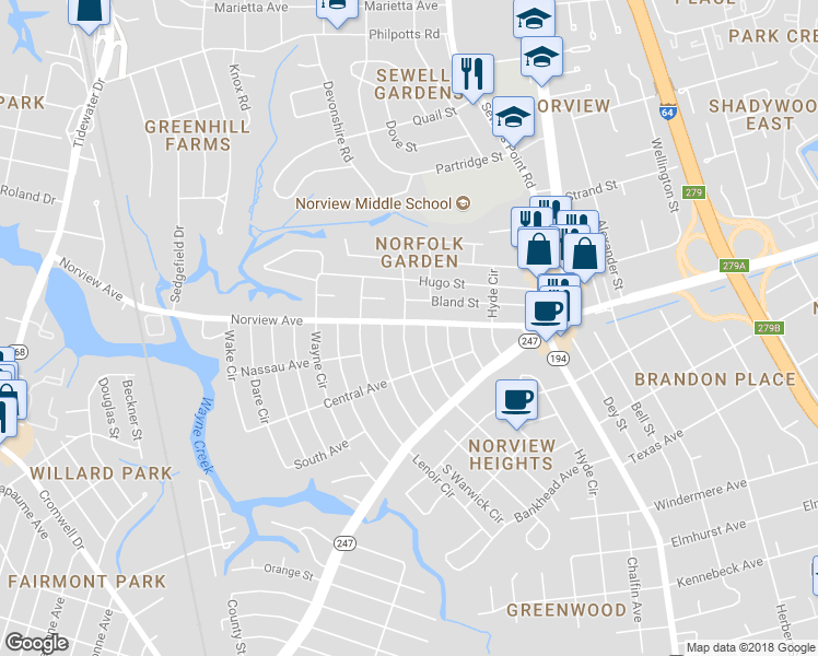 map of restaurants, bars, coffee shops, grocery stores, and more near 1035 Norview Avenue in Norfolk