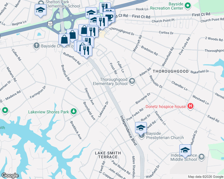 map of restaurants, bars, coffee shops, grocery stores, and more near 1488 Independence Boulevard in Virginia Beach