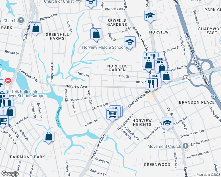 map of restaurants, bars, coffee shops, grocery stores, and more near 3838 Abingdon Circle in Norfolk