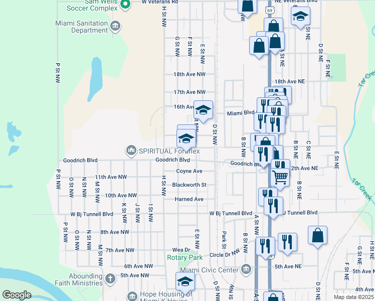 map of restaurants, bars, coffee shops, grocery stores, and more near 504 Goodrich Boulevard in Miami