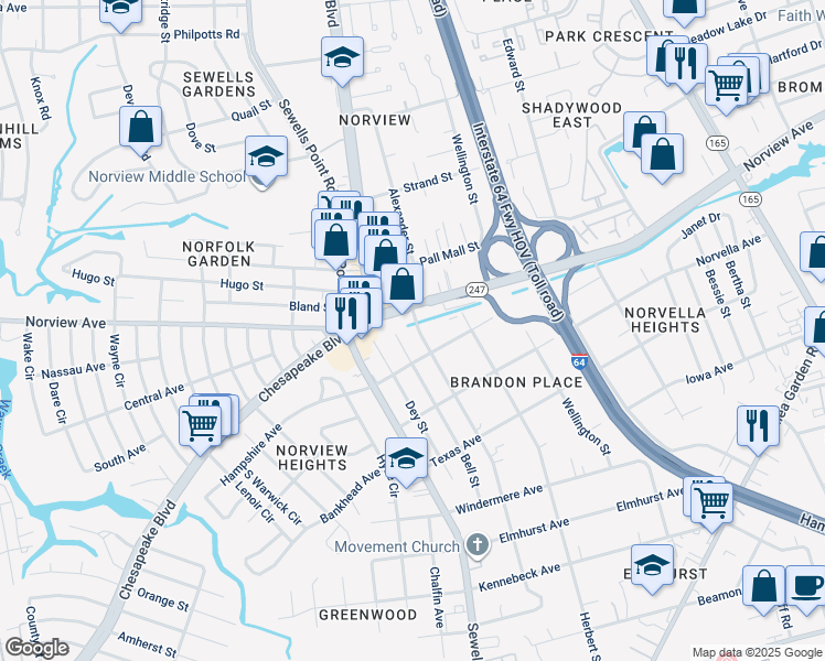 map of restaurants, bars, coffee shops, grocery stores, and more near 3667 Humboldt Street in Norfolk