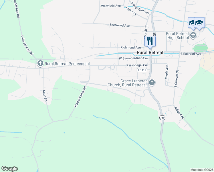 map of restaurants, bars, coffee shops, grocery stores, and more near 361 Mountain View Avenue in Rural Retreat
