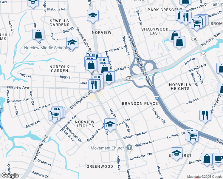 map of restaurants, bars, coffee shops, grocery stores, and more near 3667 Humboldt Street in Norfolk