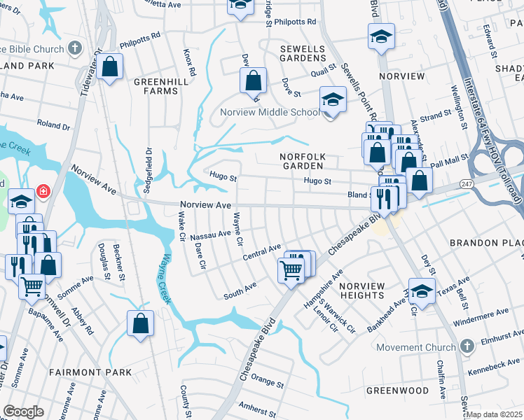 map of restaurants, bars, coffee shops, grocery stores, and more near 977 Norview Avenue in Norfolk