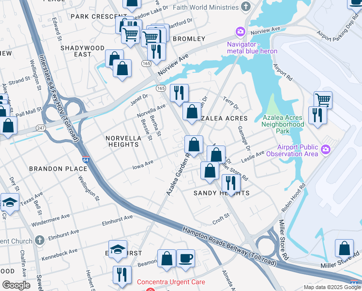 map of restaurants, bars, coffee shops, grocery stores, and more near 5546 Iowa Avenue in Norfolk