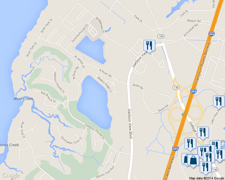 map of restaurants, bars, coffee shops, grocery stores, and more near 402 Lakeside Drive in Suffolk
