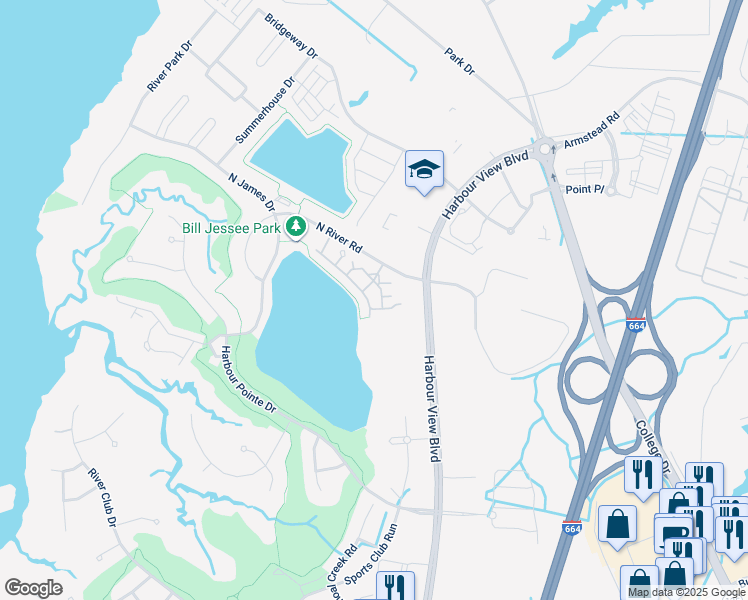 map of restaurants, bars, coffee shops, grocery stores, and more near 402 Lakeside Drive in Suffolk