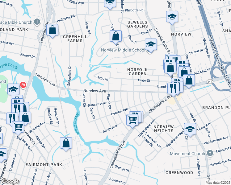 map of restaurants, bars, coffee shops, grocery stores, and more near 969 Norview Avenue in Norfolk